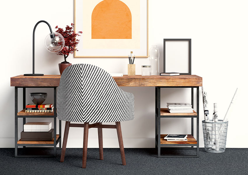 dark gray carpet in retro inspired home office